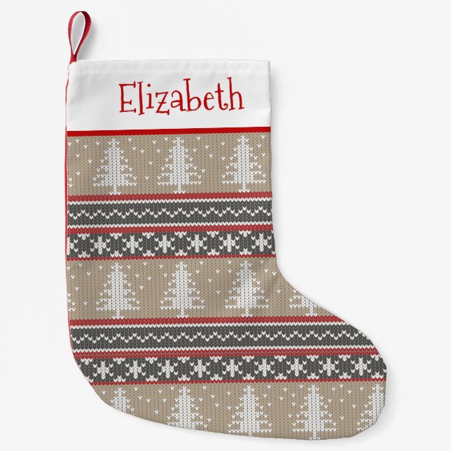 Ugly Sweater Knit Christmas Pattern | Tan and Red Small Christmas Stocking (Front)