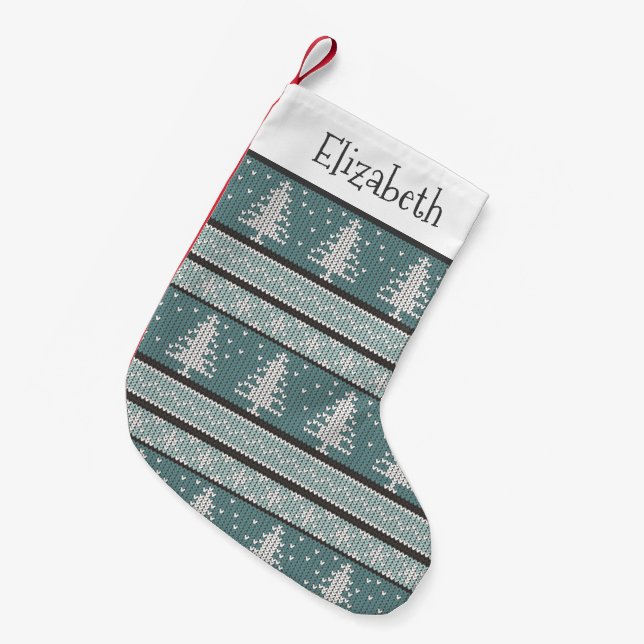 Ugly Sweater Knit Christmas Pattern | Teal Small Christmas Stocking (Front (Hanging))