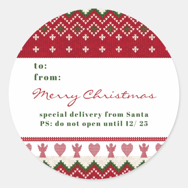 Ugly Sweater Knitted Hygge Angels Hearts Christmas Classic Round Sticker (Front)