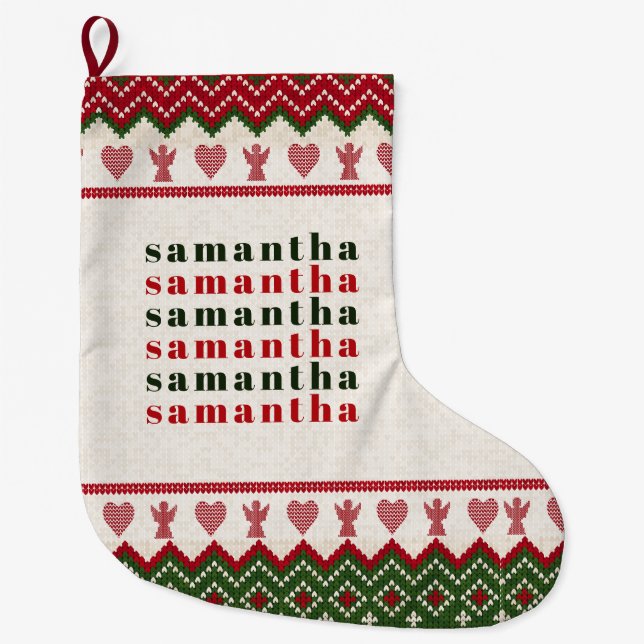 Ugly Sweater Knitted Hygge Angels Hearts Christmas Large Christmas Stocking (Front)