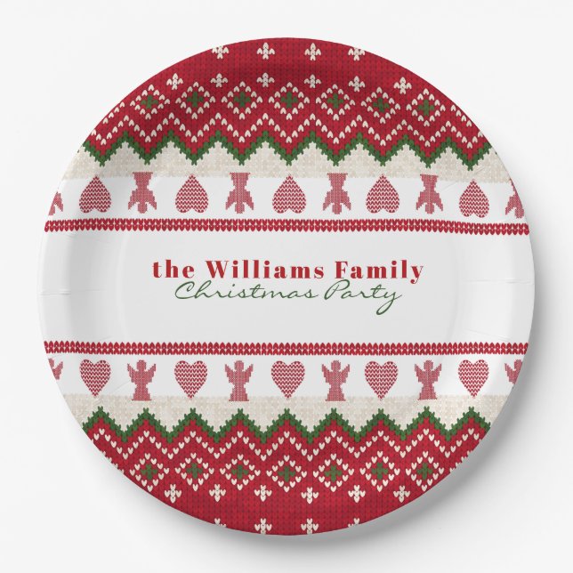 Ugly Sweater Knitted Hygge Angels Hearts Christmas Paper Plate (Front)