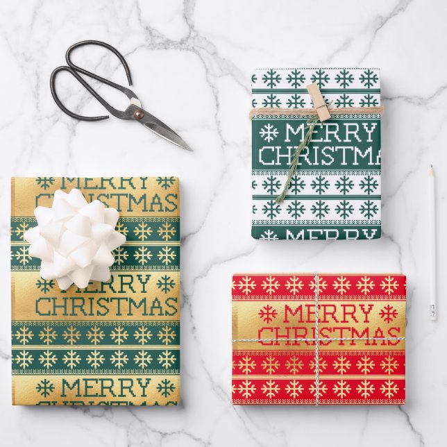 Ugly sweater Merry Christmas knitted pattern Wrapping Paper Sheet (Front)