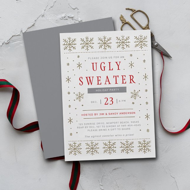 Ugly Sweater Modern Scandi Pattern Christmas Party Invitation (ugly sweater christmas party invitation modern minimalist snowflake scandinavian silver gold)