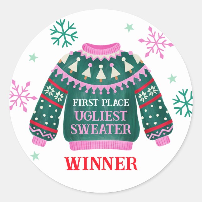 Ugly Sweater Party 1st Place Contest Winner Classic Round Sticker (Front)