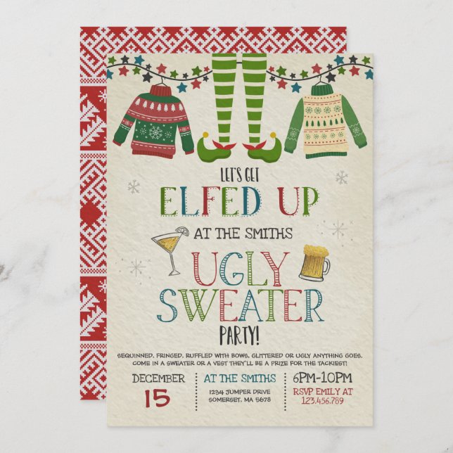 Ugly Sweater Party Invitation Christmas Elfed Up (Front/Back)
