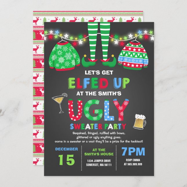 Ugly Sweater Party Invitation Christmas Elfed Up (Front/Back)