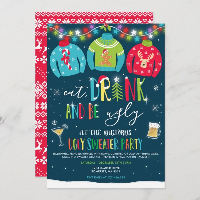 Ugly Sweater Party Invite Eat Drink And Be Ugly (Front/Back)