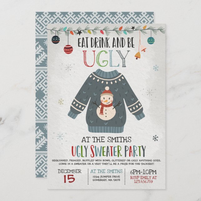 Ugly Sweater Party Invite Eat Drink And Be Ugly (Front/Back)