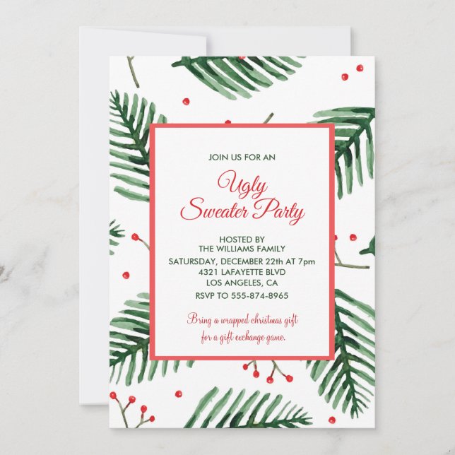 Ugly sweater party Invite Elegant Evergreen (Front)