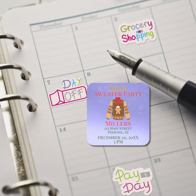 Ugly Sweater Party Reminder Square Sticker (Ugly Sticker Party Reminder)
