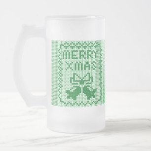 Ugly sweater pattern jingle bells and Merry Xmas w Frosted Glass Beer Mug