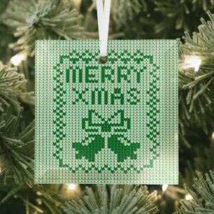 Ugly sweater pattern jingle bells and Merry Xmas w Glass Tree Decoration