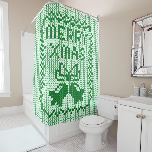 Ugly sweater pattern jingle bells and Merry Xmas w Shower Curtain (In Situ)