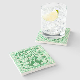 Ugly sweater pattern jingle bells and Merry Xmas w Stone Coaster