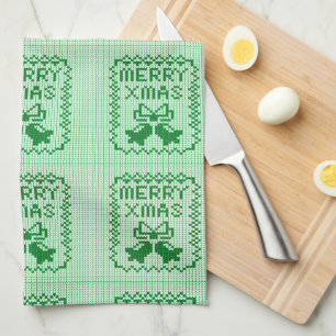 Ugly sweater pattern jingle bells and Merry Xmas w Tea Towel