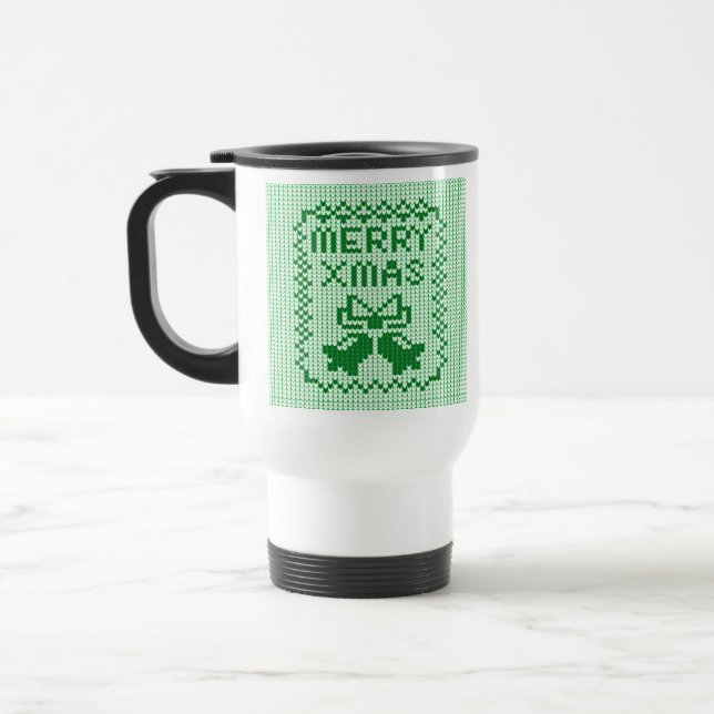 Ugly sweater pattern jingle bells and Merry Xmas w Travel Mug (Left)