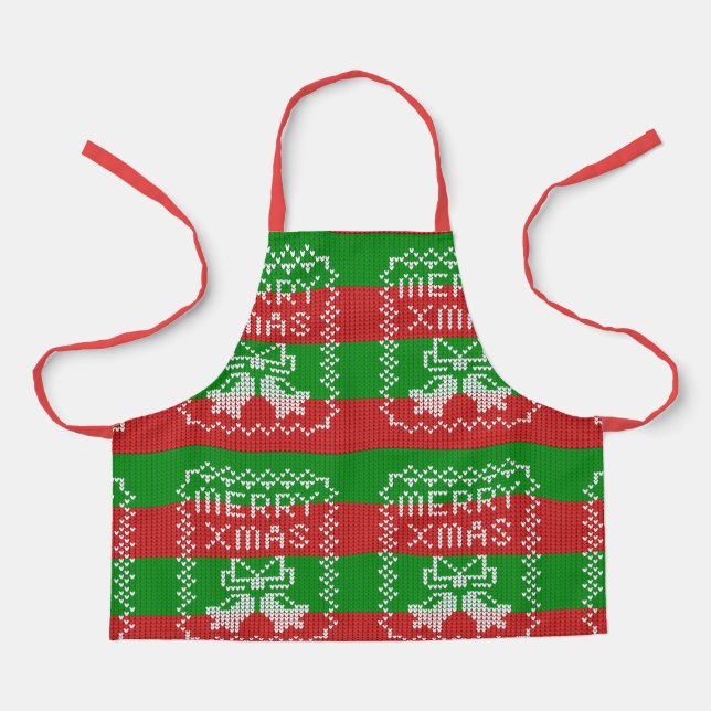 Ugly sweater pattern jingle bells Merry Xmas yarn Apron (Front)