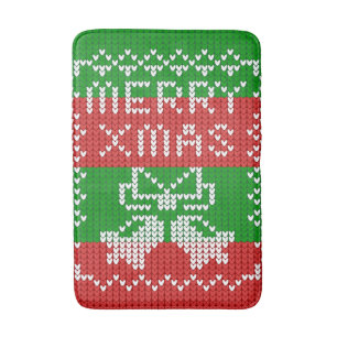 Ugly sweater pattern jingle bells Merry Xmas yarn Bath Mat