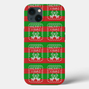 Ugly sweater pattern jingle bells Merry Xmas yarn iPhone 13 Case