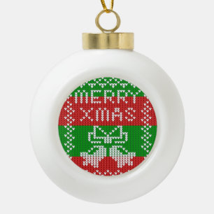 Ugly sweater pattern jingle bells Merry Xmas yarn Ceramic Ball Christmas Ornament