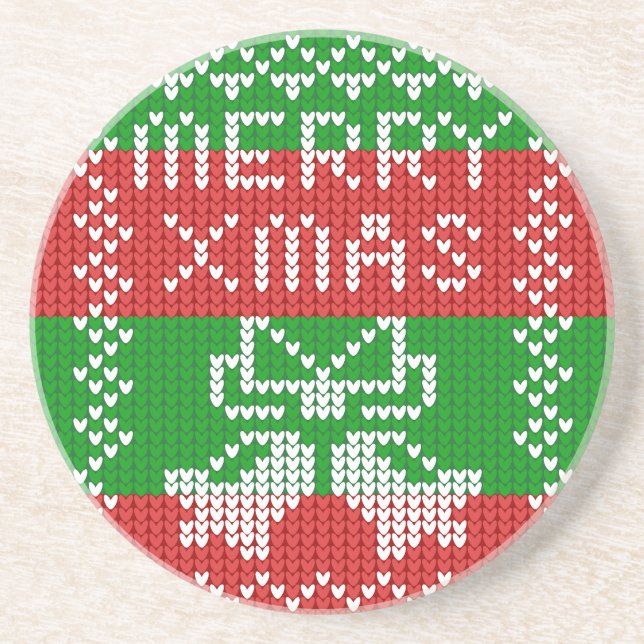 Ugly sweater pattern jingle bells Merry Xmas yarn Coaster (Front)