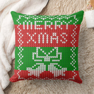 Ugly sweater pattern jingle bells Merry Xmas yarn Cushion