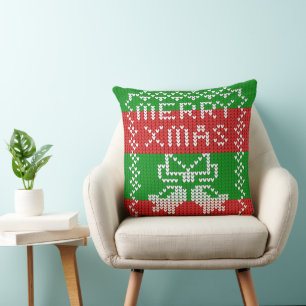 Ugly sweater pattern jingle bells Merry Xmas yarn Cushion
