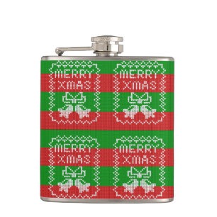 Ugly sweater pattern jingle bells Merry Xmas yarn Hip Flask