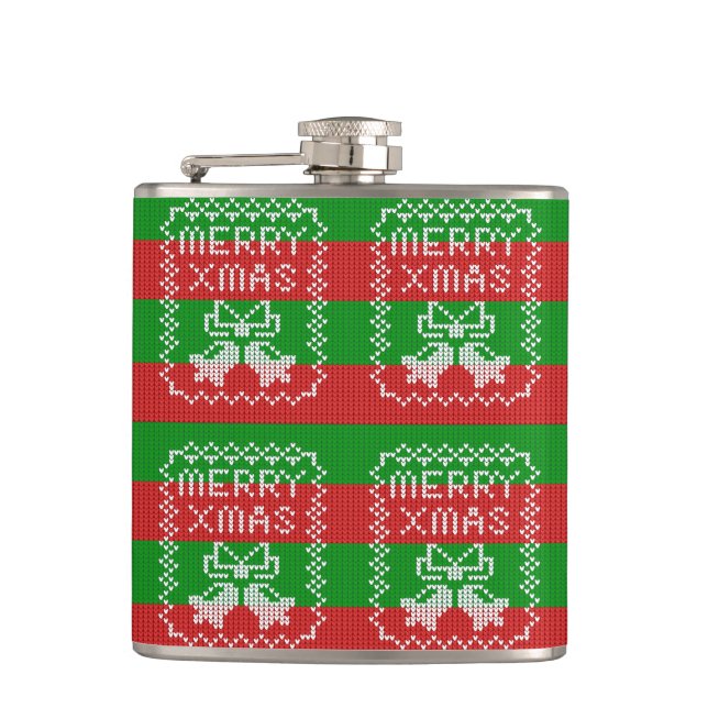 Ugly sweater pattern jingle bells Merry Xmas yarn Hip Flask (Front)
