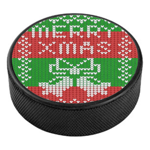 Ugly sweater pattern jingle bells Merry Xmas yarn Hockey Puck