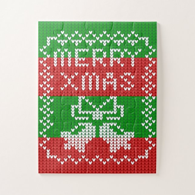Ugly sweater pattern jingle bells Merry Xmas yarn Jigsaw Puzzle (Vertical)