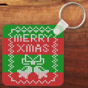 Ugly sweater pattern jingle bells Merry Xmas yarn Key Ring