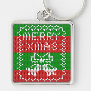 Ugly sweater pattern jingle bells Merry Xmas yarn Key Ring