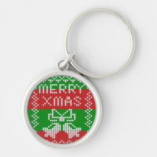 Ugly sweater pattern jingle bells Merry Xmas yarn Key Ring