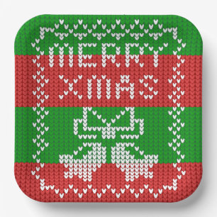 Ugly sweater pattern jingle bells Merry Xmas yarn Paper Plate