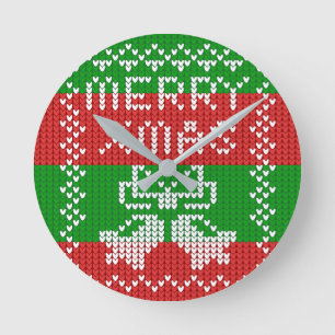 Ugly sweater pattern jingle bells Merry Xmas yarn Round Clock