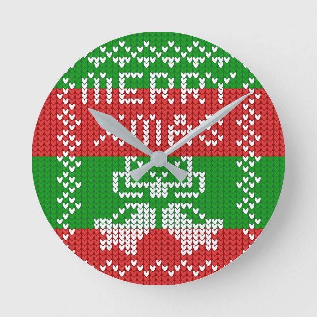 Ugly sweater pattern jingle bells Merry Xmas yarn Round Clock (Front)