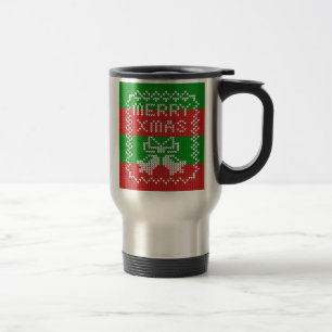 Ugly sweater pattern jingle bells Merry Xmas yarn Travel Mug