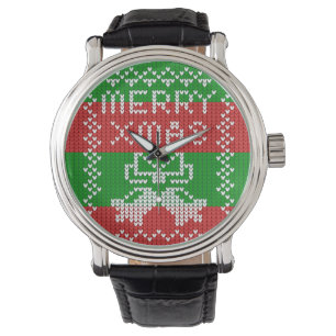 Ugly sweater pattern jingle bells Merry Xmas yarn Watch