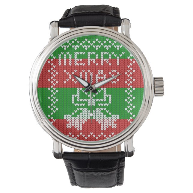 Ugly sweater pattern jingle bells Merry Xmas yarn Watch (Front)