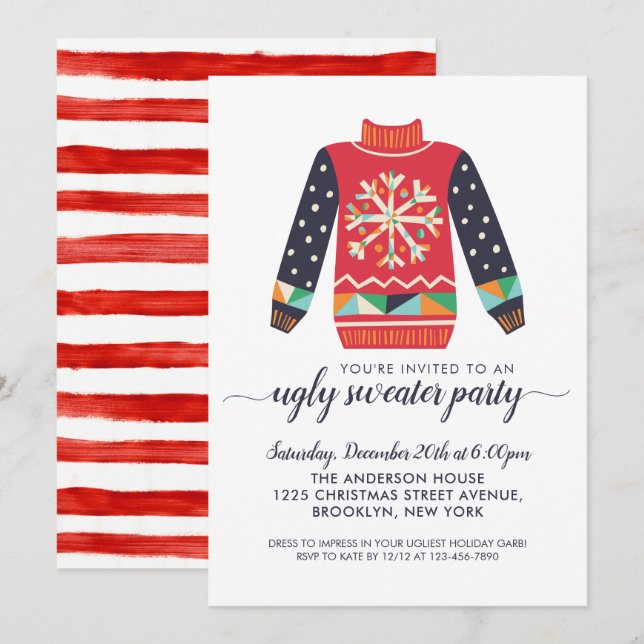 Ugly Sweater Red Snowflake Christmas Holiday Party Invitation (Front/Back)