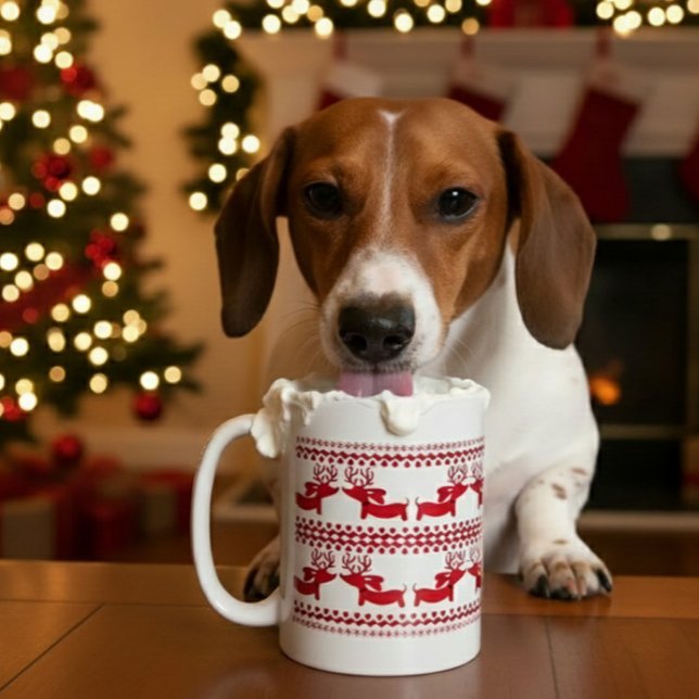 Ugly Sweater Reindeer Dachshund Tea Coffee Mug (Dachshund Christmas Coffee Mug – Fair Isle Nordic Reindeer Wiener Dog Holiday Gift)