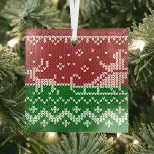 Ugly sweater Santa Claus sleigh and reindeers Glass Tree Decoration