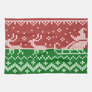 Ugly sweater Santa Claus sleigh and reindeers Tea Towel