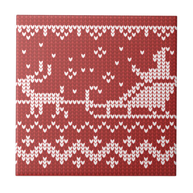 Ugly sweater Santa Claus sleigh and reindeers Tile (Front)