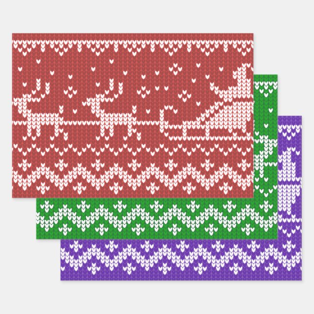 Ugly sweater Santa Claus sleigh and reindeers Wrapping Paper Sheet (Set)