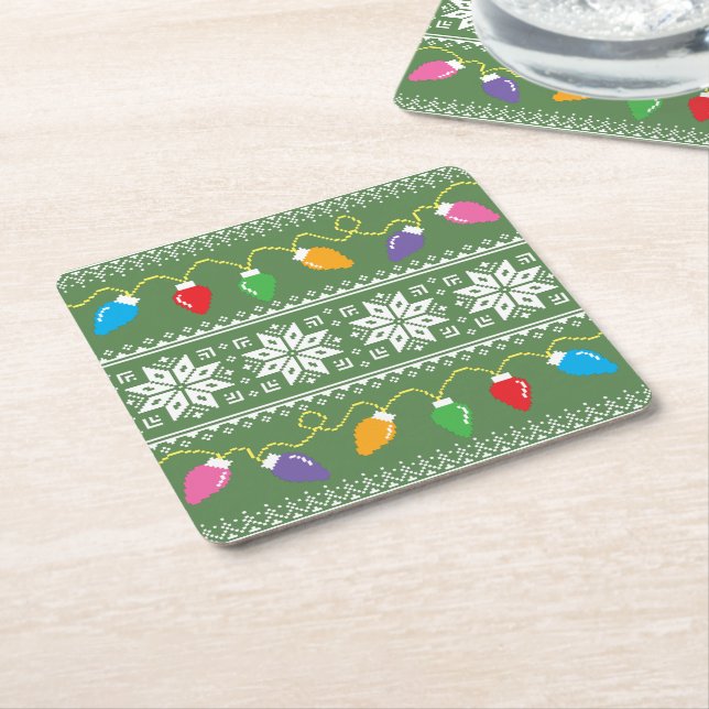 Ugly Sweater Snowflakes Christmas Lights Green Square Paper Coaster (Angled)