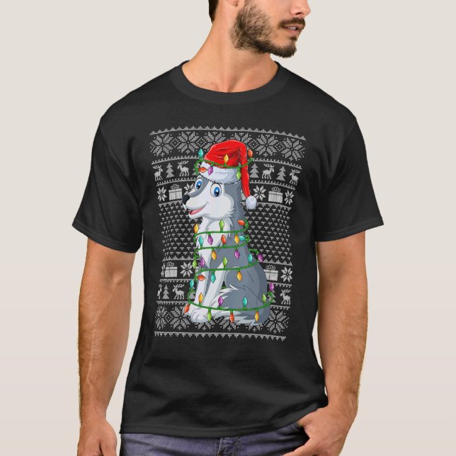 Ugly Sweater Style Xmas Lights Santa Wolf Christma (Front)