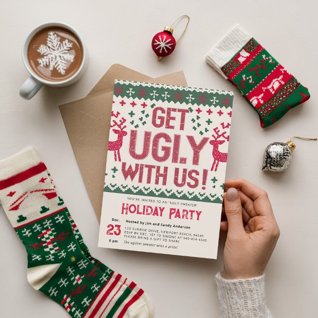 Ugly Sweater Vintage Retro Red Christmas Party Invitation (christmas party invitation ugly sweater modern vintage retro nostalgia green red family business)