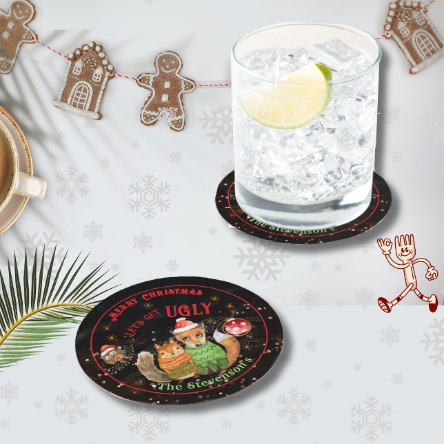  Ugly Sweater WOODLAND ANIMALS Holiday Round Paper Coaster (Ugly Sweater WOODLAND ANIMALS Holiday Round Paper Coaster )